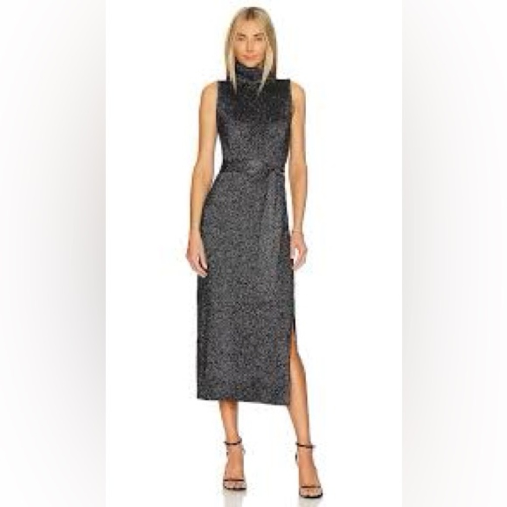 NWOT PAIGE Zoelle Black Metallic Sleeveless Midi Dress with Waist Tie